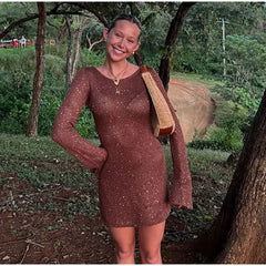Aiertu  -  Sexy Knitted Off Shoulder Short Dress Women Glitter Long Sleeve Female Vacation Dresses 2025 Spring Summer Lady Beach Party Robe Aiertu