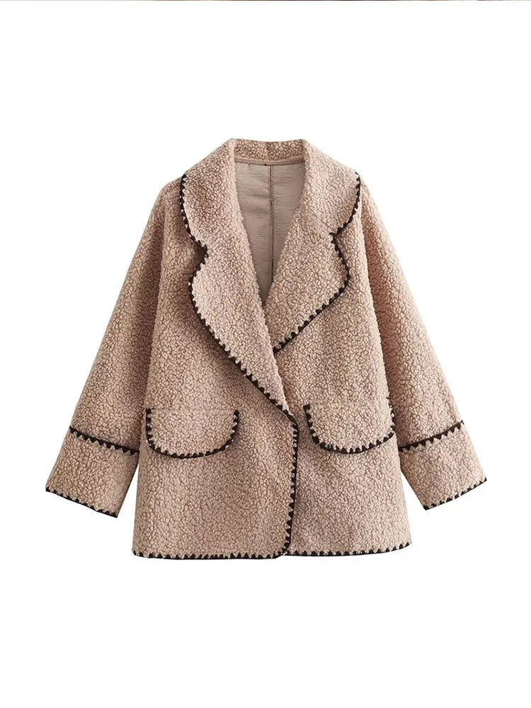 Aiertu  -  Women Contrasting One Button Lamb Woolen Coat Fashion Lapel Long Sleeves Short Plush Jacket Autumn Casual Lady Street Outwear Aiertu