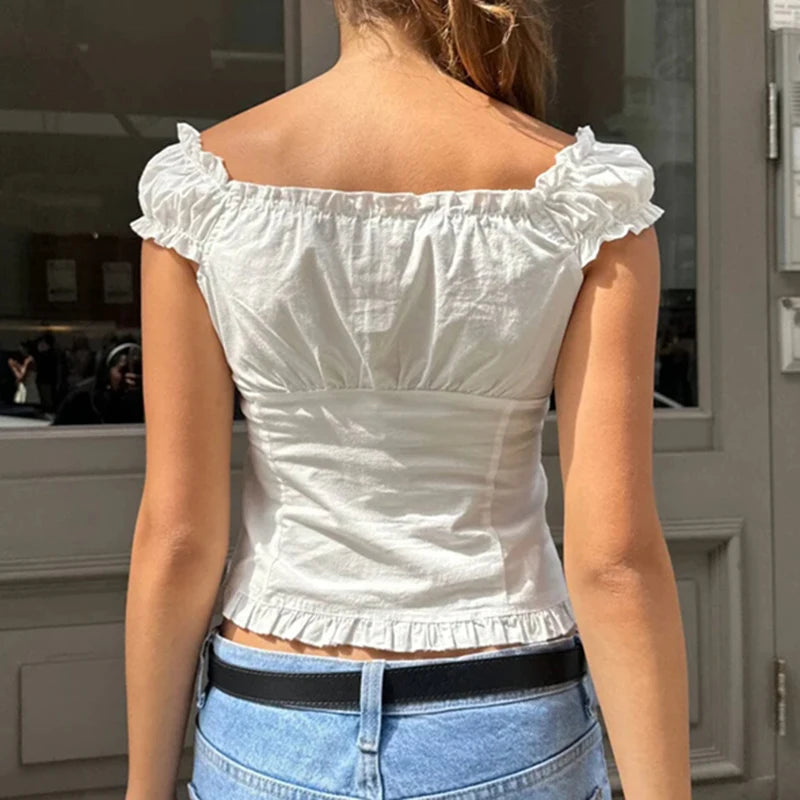 Aiertu  Preppy Button Down Blouse Tops Y2k Vintage Cap Sleeve Women T-shirt 00s Aesthetic Fairy Frill V Neck Crop Tops Milkmaid Vest Aiertu