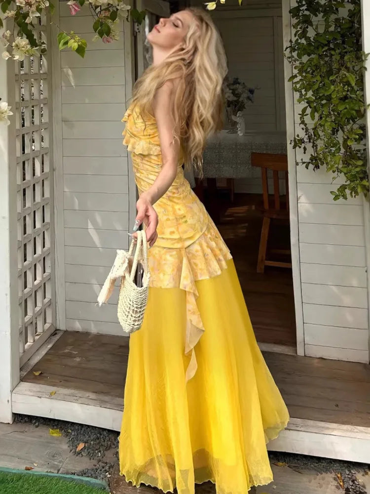 Aiertu  -  Elegant Sleeveless Printed Ruffle Women Two Piece Dress Sweet Flower Irregular V-neck Splicing Mesh Beach Holiday Set Aiertu