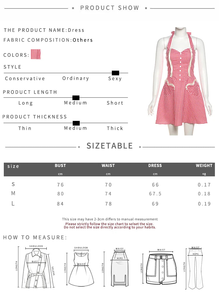 Aiertu  -  Puss Plaid Patchwork Mini Dress Women Lace-Up Halter Button Decorated Backless Vacation Street Sweet Style Fashion Outfits Aiertu