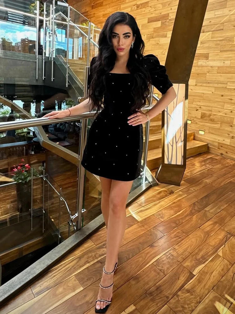 Aiertu  -  Elegant Shiny Rhinestones Velvet Prom Dress Women Square Collar Slim Lantern Sleeve Mini Dress Female Lady Evening Party Gown Aiertu