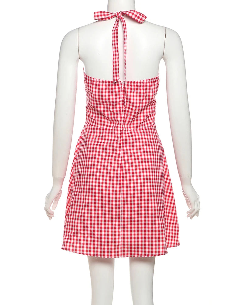 Aiertu  -  Puss Plaid Patchwork Mini Dress Women Lace-Up Halter Button Decorated Backless Vacation Street Sweet Style Fashion Outfits Aiertu