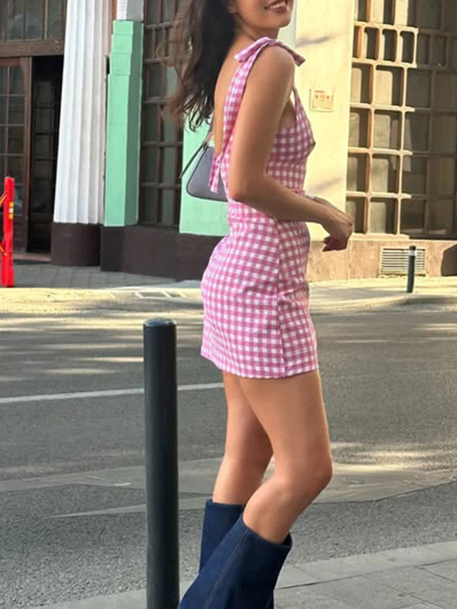 Aiertu  -  Casual Temperament Check Mini Dress for Women Square Collar Sleeveless High Waist Spliced Lace Up Dresses Female Aiertu