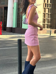 Aiertu  -  Casual Temperament Check Mini Dress for Women Square Collar Sleeveless High Waist Spliced Lace Up Dresses Female Aiertu