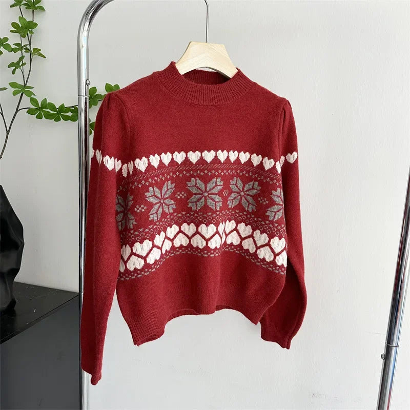 Aiertu  -  Vintage  Fair Isle Crew Neck Jumper Heart Pattern Knitted Pullovers Christmas Sweater Holiday Knitwear Autumn Women Outerwear Aiertu