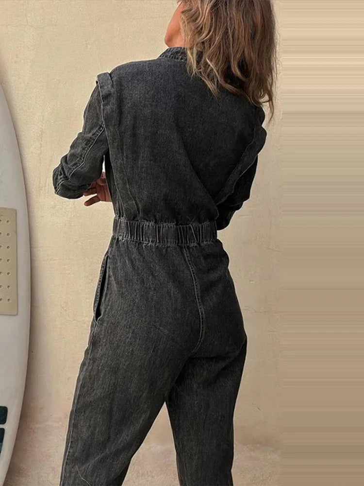 Aiertu  -  Women Slim Denim Jumpsuits Long Pants Rompers Springturn Down Collar Loose One Piece Full Sleeve Tight High Waist Overalls Aiertu