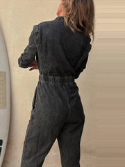 Aiertu  -  Women Slim Denim Jumpsuits Long Pants Rompers Springturn Down Collar Loose One Piece Full Sleeve Tight High Waist Overalls Aiertu