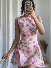 Aiertu  -  Sweet Printed Party Dress Women O-neck Sleeveless Pleated A-line Mini Dresses Female 2025 Spring Summer Fashion Print Lady Robe Aiertu