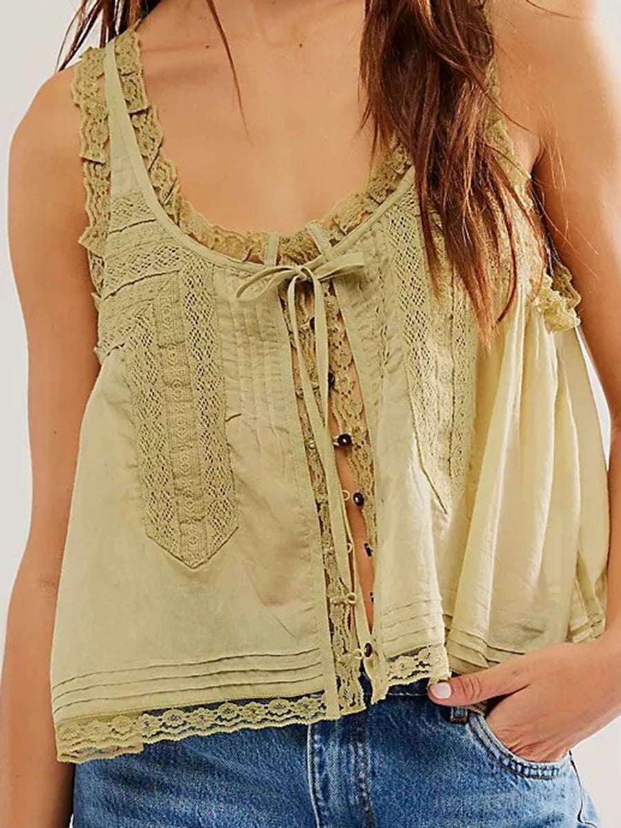 Aiertu  -  White Lace Trim Tank Top Women U Collar Single Breasted Drawstring Vest Summer Casual Fashion Hollow Out Camisole 2025 New Aiertu