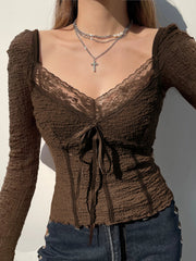 Aiertu  -  layered look inspo Brown Sexy Pleated Long Sleeve T-Shirt for Women Square Neck Semi-see-through Casual Aesthetic Vintage Tops Y2k Clothes Aiertu