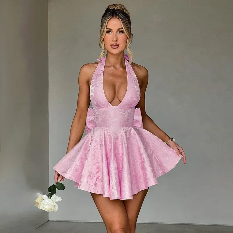 Aiertu  -  Jacquard Bow Deep V Neck Backless Mini Dress Sexy Elegant Party Dresses for Women Clothing Summer 2025 Aiertu