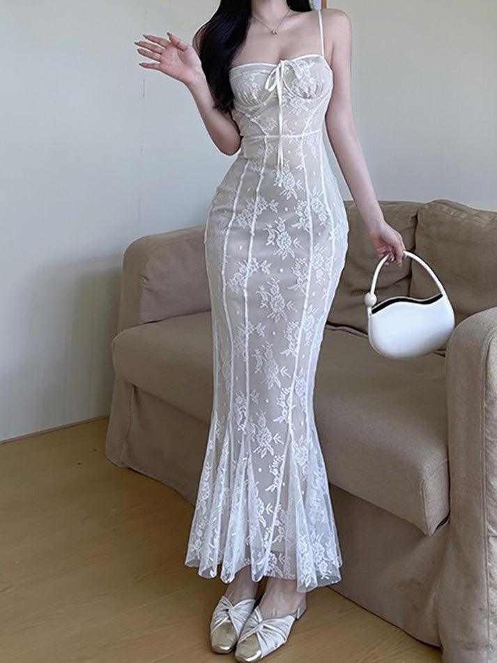 Aiertu  -  Lace Tie Slim Fishtail Dress Aiertu