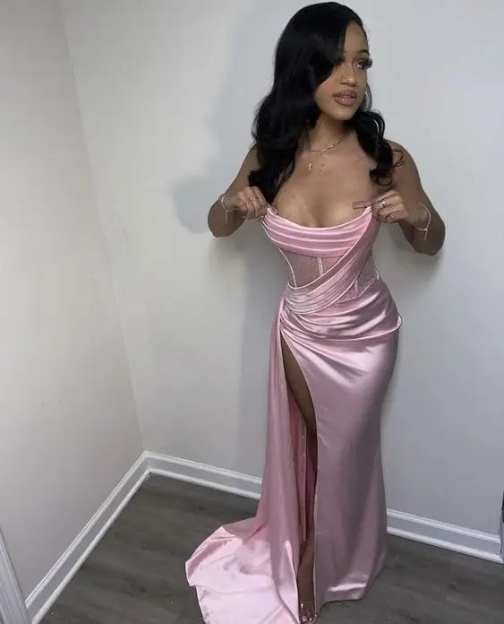 Aiertu Pink Mermaid Prom Dresses Strapless Thigh-High Slits See Through Girls Birthday Party Dress Matric Dance Gowns Customized Aiertu