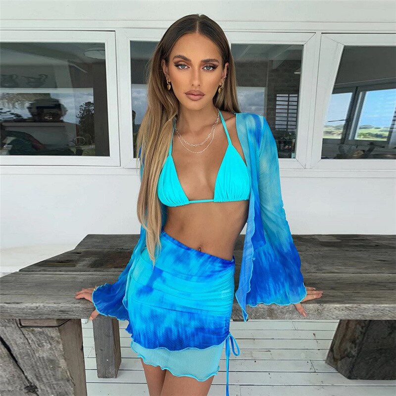 Aiertu Summer Mesh Long Sleeve Crop Top Mini Skirts Two Piece Holiday Matching Set Print Fashion Outfits See Through Y2K Bodycon Skirt Aiertu