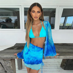 Aiertu Summer Mesh Long Sleeve Crop Top Mini Skirts Two Piece Holiday Matching Set Print Fashion Outfits See Through Y2K Bodycon Skirt Aiertu
