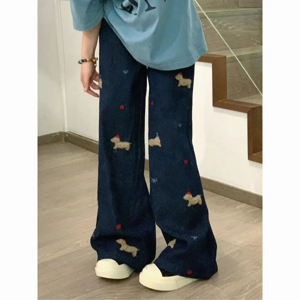Aiertu  Y2k Aesthetic Streetwear High Waist Wide Leg Pants Women American Retro Kawaii Cuteore Cartoon Embroidery Jeans Aiertu