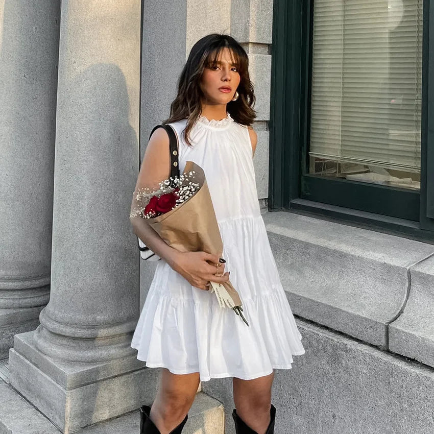 Aiertu  -  Summer Cotton A-line Loose Ruffles White Dress Women Casual O-neck Lace-up Sleeveless Mini Dress Female Holiday Party Dress 2025 Aiertu