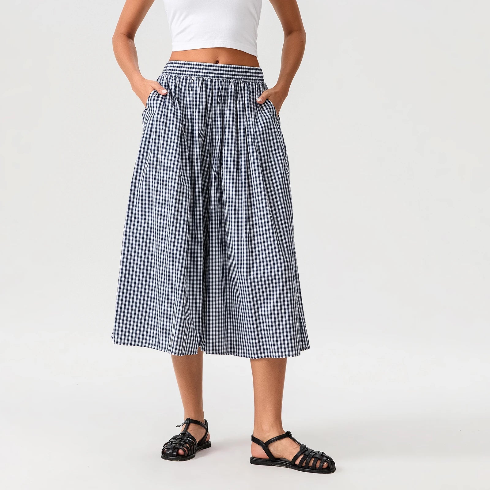 Aiertu  -  Women Summer Plaid Print Capri Culottes Elastic Waistband Wide Leg Loose Side Pocket Casual Pull On Trousers Aiertu