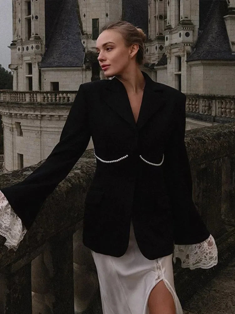 Aiertu  -  Lace Solid Patchwork Women Coat P Lapel Long Sleeve Female Blazer Jacket 2025 Elegant Notched Single Breasted Pocket Lady Top Aiertu