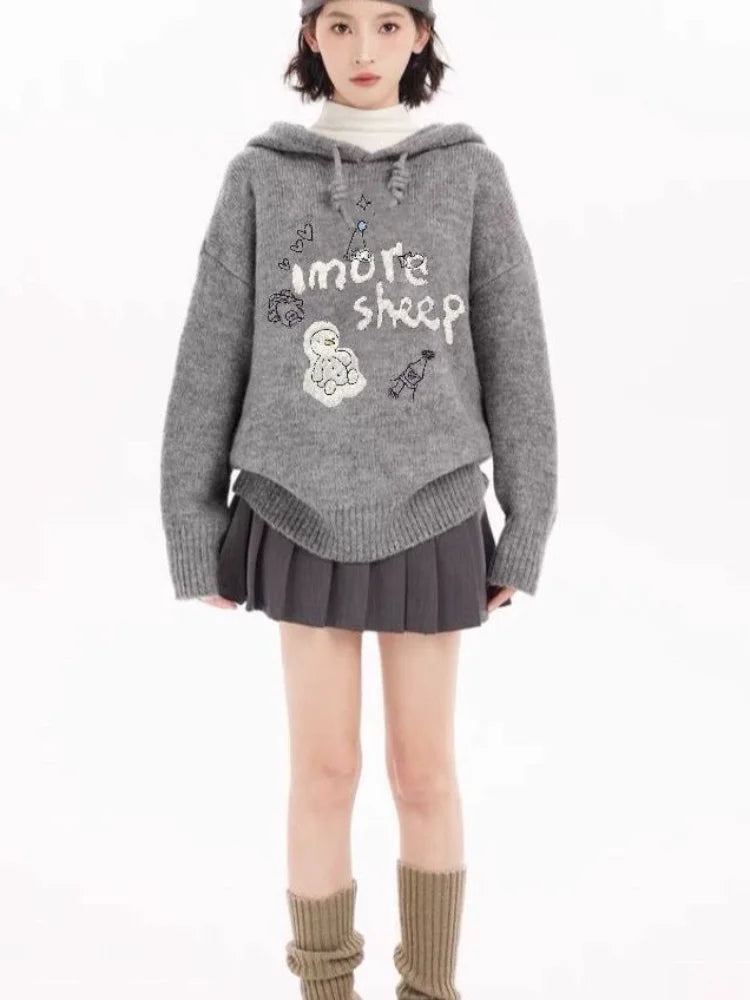 Aiertu  -   Korean Style Streetwear Oversize Sweaters Women Autumn Winter Cartoon Knitted Hoodies Y2k Loose Casual Pullover Hooded Aiertu