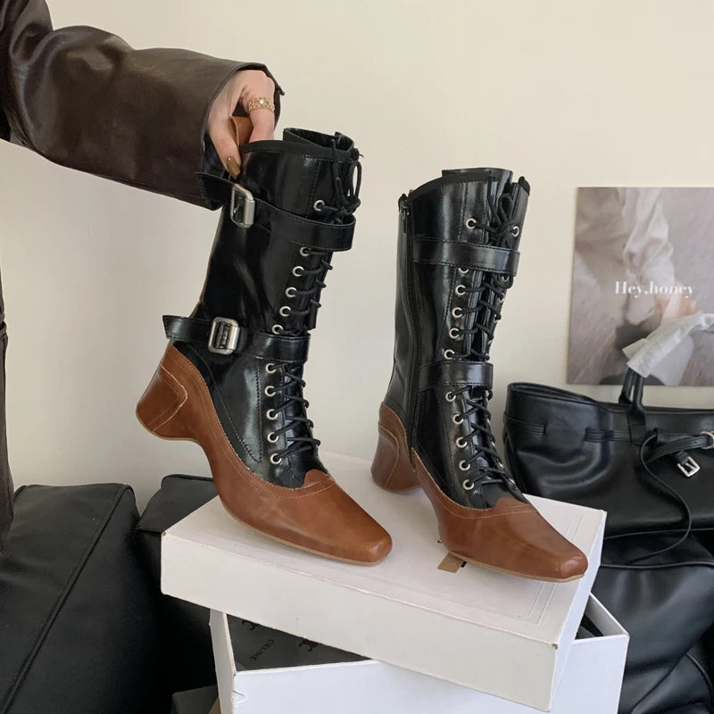 Aiertu    -  Yellow Cowboy Boots Women Lace Up Belt Buckle Block Heels Mid-calf Western Boots Autumn Vintage Designer Shoes Black Botas Mujer Aiertu