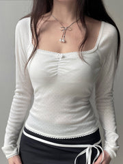 Aiertu - summer inspo Korean Fashion Shirring Bow Square Collar Slim Long Sleeve Black T Shirt Women White Solid Basic Cute Japanese Top Tee Aiertu