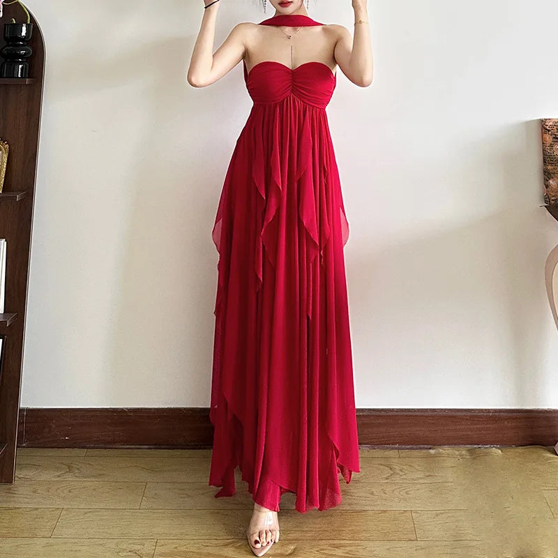 Aiertu  -  Chiffon Red Party Dresses Sexy Elagant Irregular Ruffle Sleeveless Backless Long Dresses for Women P94-FI59 Aiertu