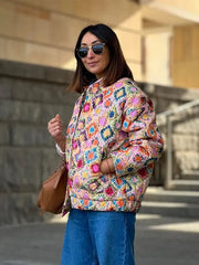 Aiertu  -  Casual Printed Patchwork Women Cotton Jackets Autumn Warm Stand Collar Long Sleeve Single Breasted Coats 2026 Lady Outwear Aiertu