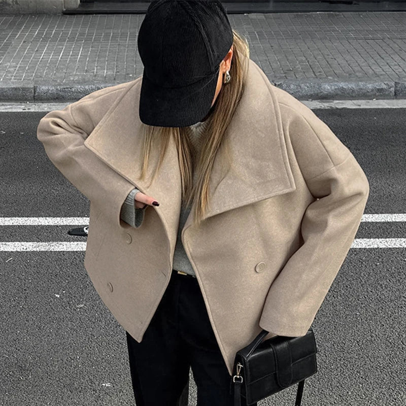 Aiertu  -  Double Breasted Solid Women Coat Long Sleeve Turn-down Collar Female Jacket Fashion Loose Elegant Autumn Lady Outwear Aiertu
