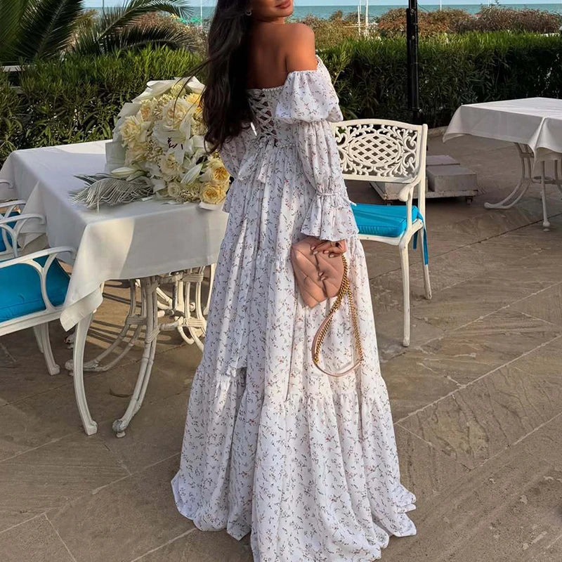 Aiertu  -  Fashion Long Sleeved Backless Princess Dress New Summer Floral Print Robe Dress Sexy Off Shoulder Pleated Women Party Dress Aiertu