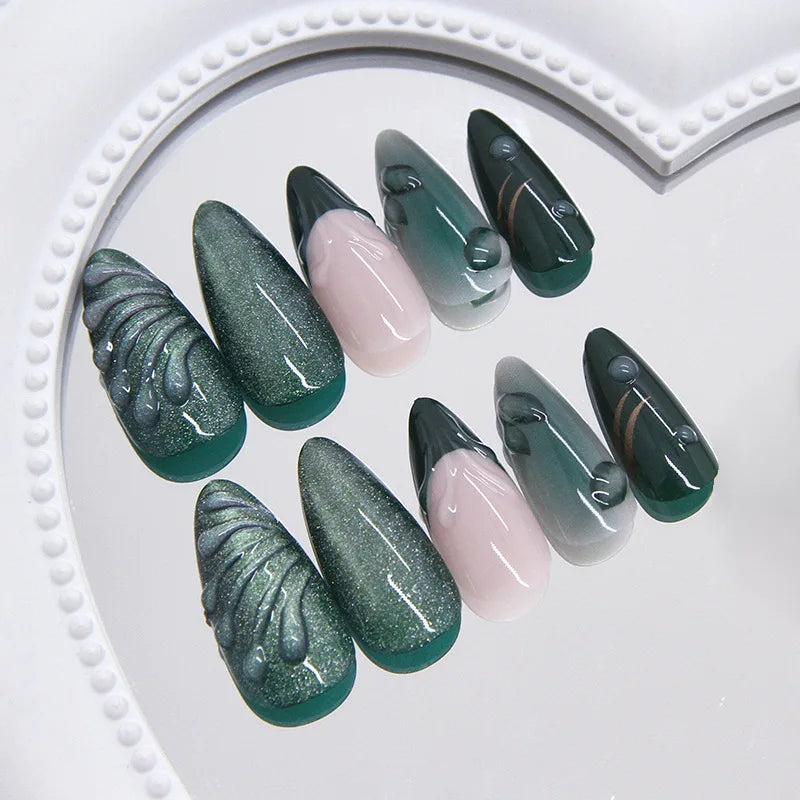 Aiertu  -  24PCS Green Cat Eye Press on Nails 3D Ripples with Stars Design French Fake Nails for Women Acrylic Patch Wearable Nail Tips Art Aiertu