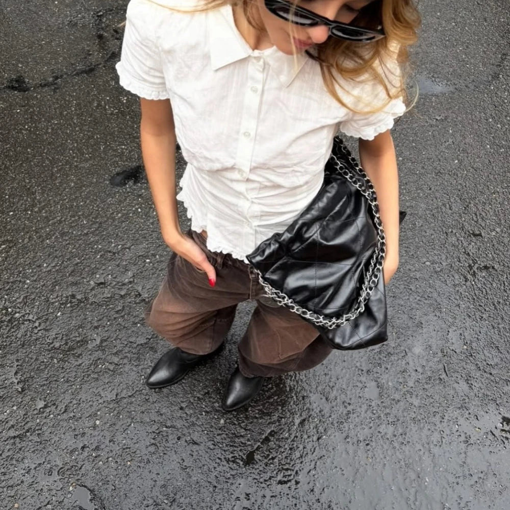 Aiertu    -  Solid Two Peice Set for Women Lapel Short Sleeve Shirt Low Waist Spliced Fungus Edge Mini Skirt Sweet Suit Female Aiertu