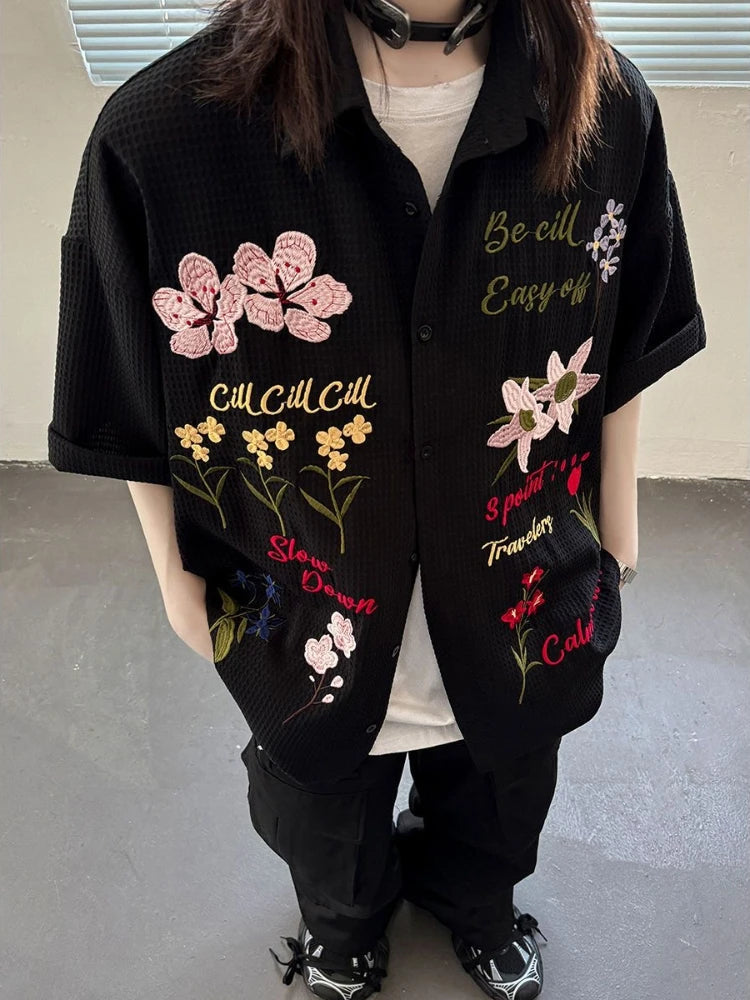 Aiertu  -  Harajuku Embroidery Floral Blouse Female Short Sleeve Oversize Summer Shirts for Women American Retro Button Up Cardigan Aiertu
