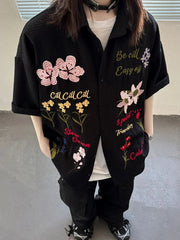 Aiertu  -  Harajuku Embroidery Floral Blouse Female Short Sleeve Oversize Summer Shirts for Women American Retro Button Up Cardigan Aiertu