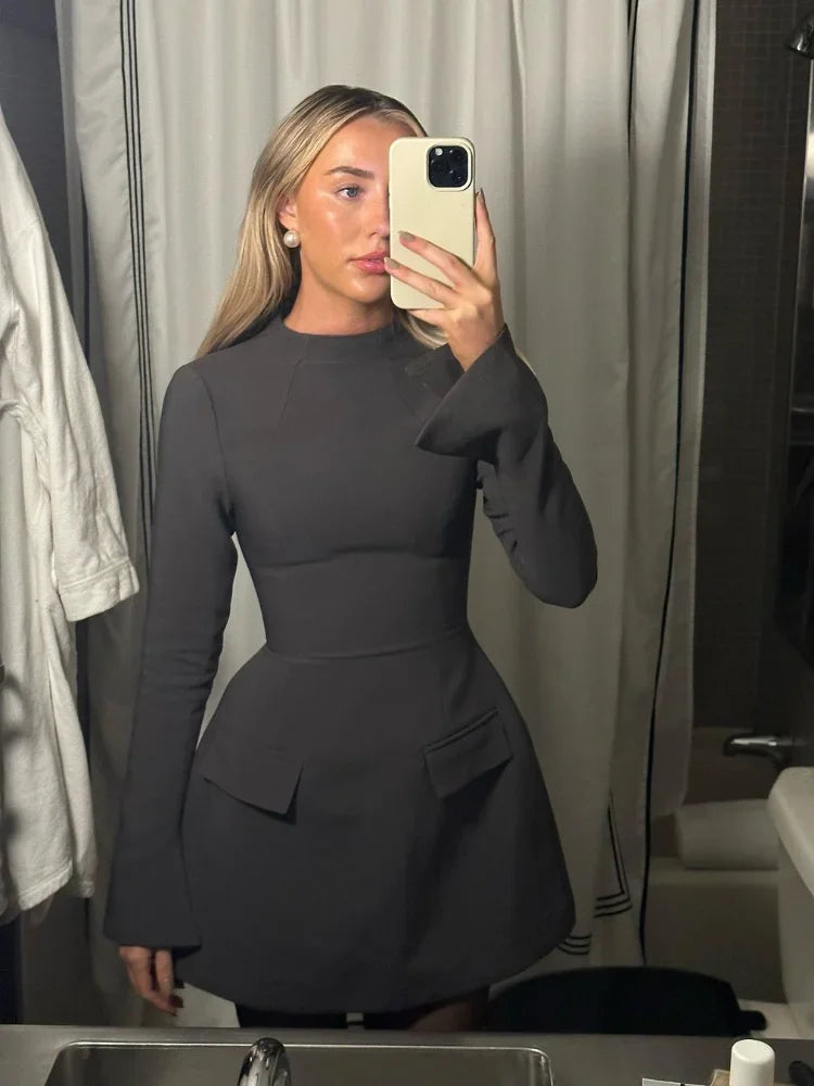 Aiertu  -  Fashion O-neck Flip Pockets A Line Dress Women Elegant Long Sleeve Hip Package Slim Mini Dress Autumn Winter New Lady Party Gown Aiertu