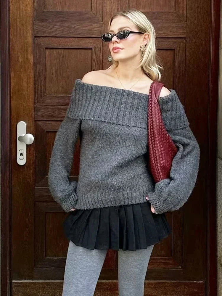 Aiertu  -   Slash Neck Dark Grey Mohair Women Sweater Pullover Femme Casual Loose Trendy Style Autumn Winter Knitted Pullover Aiertu
