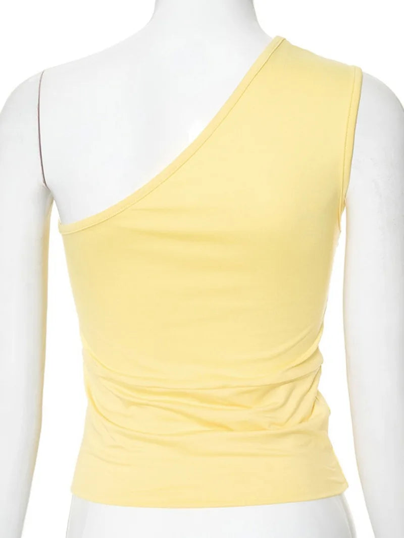 Aiertu  -  Yellow Tank Tops Women's Summer One Shoulder Sleeveless Short T-shirt Y2K Streetwear 2026 Fashion Diagonal Collar Slim Crop Top Aiertu