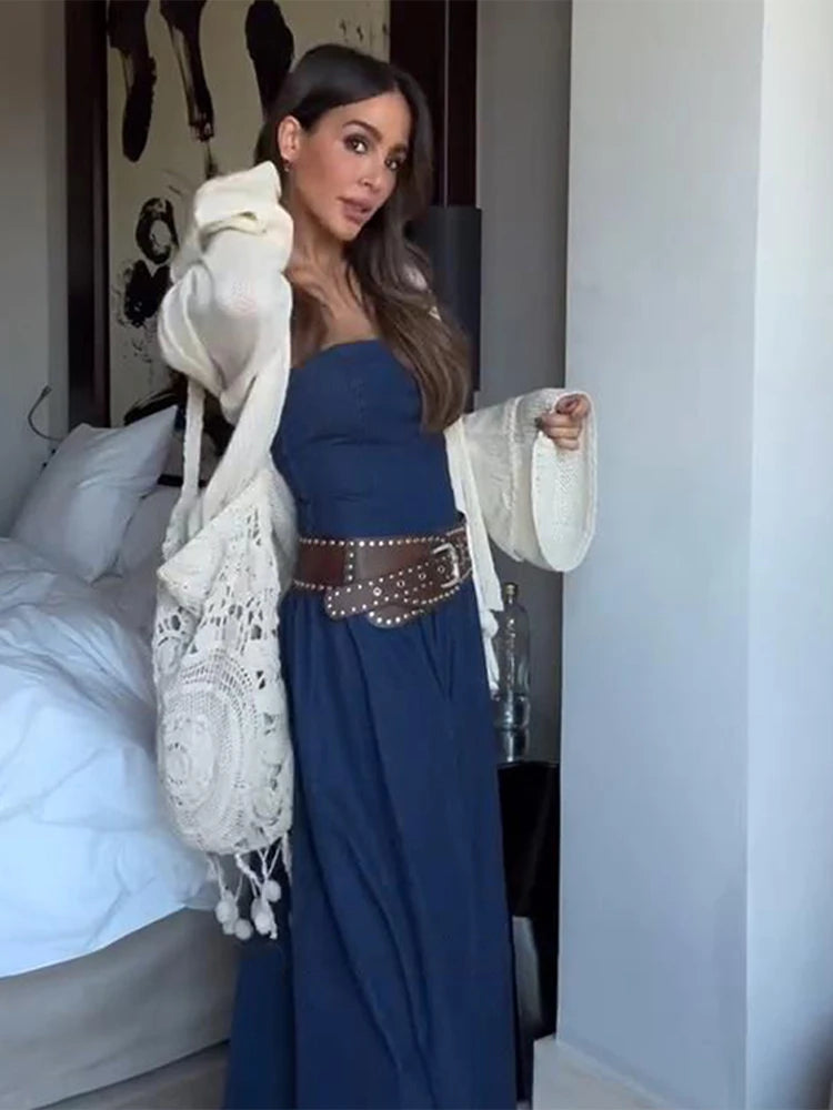 Aiertu  -  Strapless Denim Long Dress Sexy Backless Waist Cinched Cowboy Pleated Dresses Off Shoulder Street Trends Robes Women's Clothing Aiertu