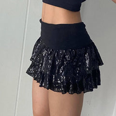 Aiertu  -  party look snspos Contrast Sequin Black Short Skirt Party Outfits Women Fashion A-line Layered Skirt Aesthetic Y2K Clubwear Vintage Aiertu