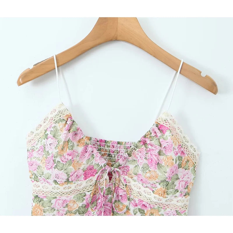 Aiertu  -  New Women Lace Trim Floral Print Camis Sexy Sleeveless V Neck Female Summer Boho Crop Top Aiertu