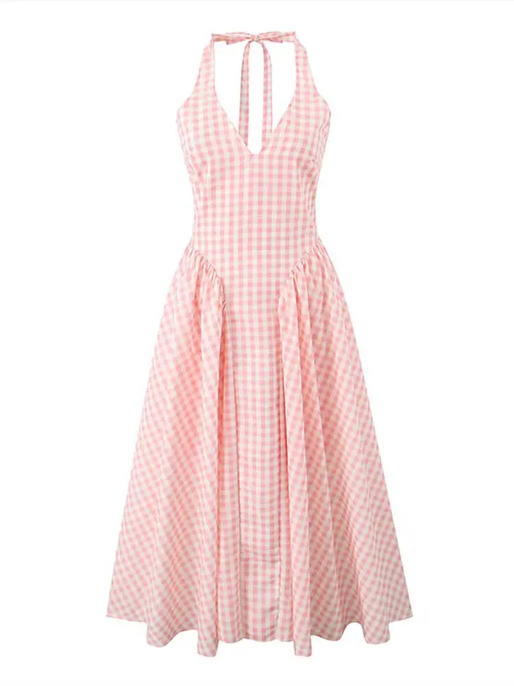 Aiertu  -  Women Pink Plaid Backless V-neck Lace Up Party Dress Sexy Wrap Waiist Strapless Pleated A Line Robe 2026 Vacation Lady Dresses Aiertu