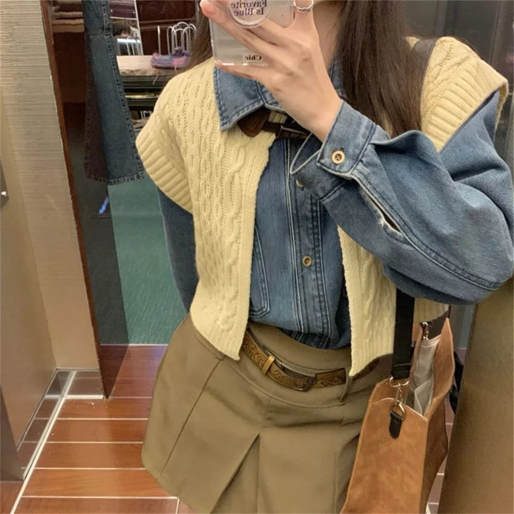 Aiertu  -  High Street Vintage Denim Shirts With Knitted Cardigans Vest Spring 2026 Loose Chic New Slim Casual Daily Office Lady Aiertu