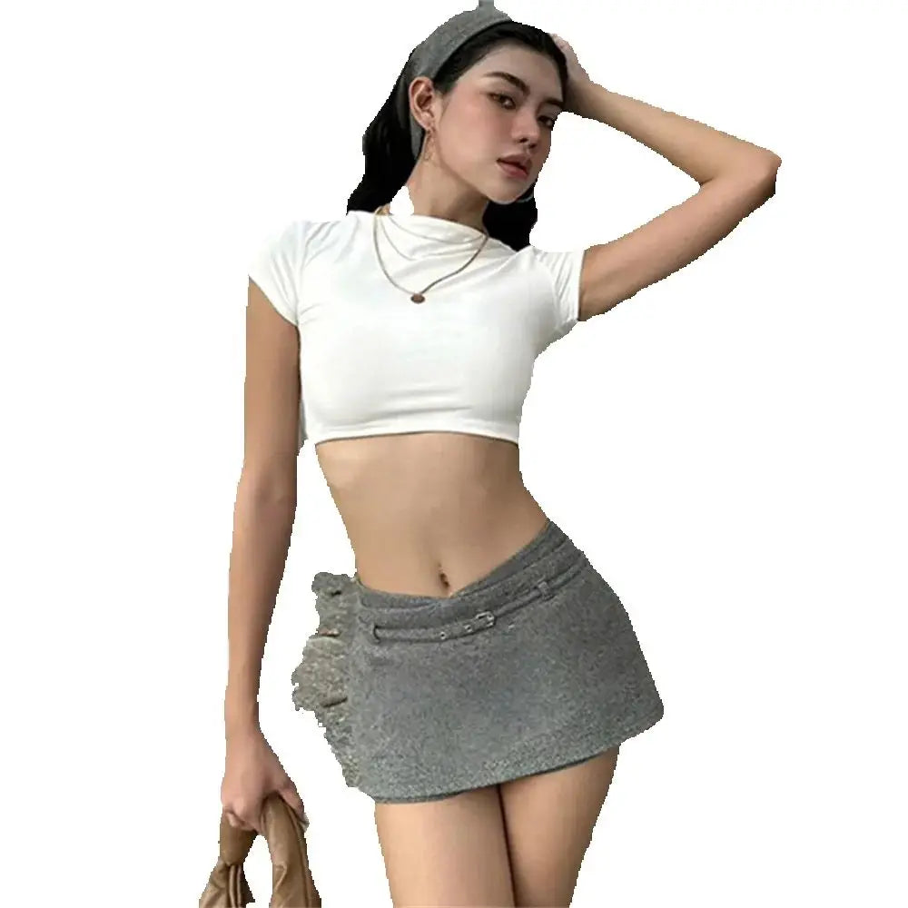 Aiertu  -  Simple Two-Piece Set Women Mini High Elasticity t-Shirt+Sash Culotes Solid Street Summer Trend Classic Matching Suits Aiertu