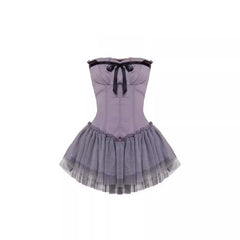 Aiertu  Bowknot Mini Dress Pumpkin Pants Set Women Strapless Shirred Corset Tulle Tutu Gown Bloomers Balletcore Summer Clothes Aiertu
