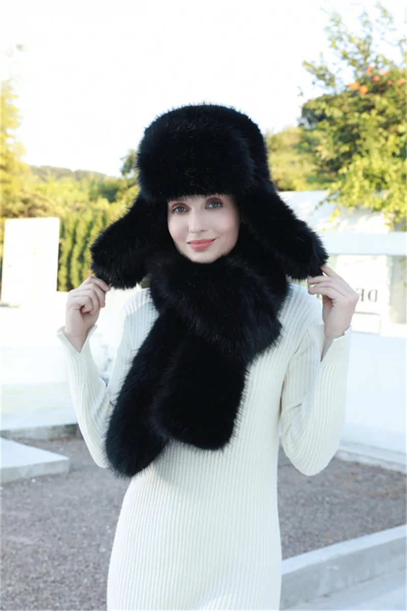 Aiertu  -  Hat Scarf Set Winter Warm Earmuffs Hat Girl Hat Natural Fluffy Plush Hat Leather Hat  Шапка Женская Aiertu