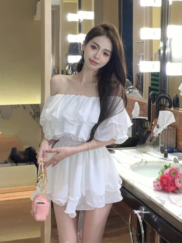Aiertu Dresses Women Off Shoulder Slash Neck Ruffles Sexy Spring Summer Patchwork Solid Loose Elegant Mini Dress Ladies Fashion Aiertu
