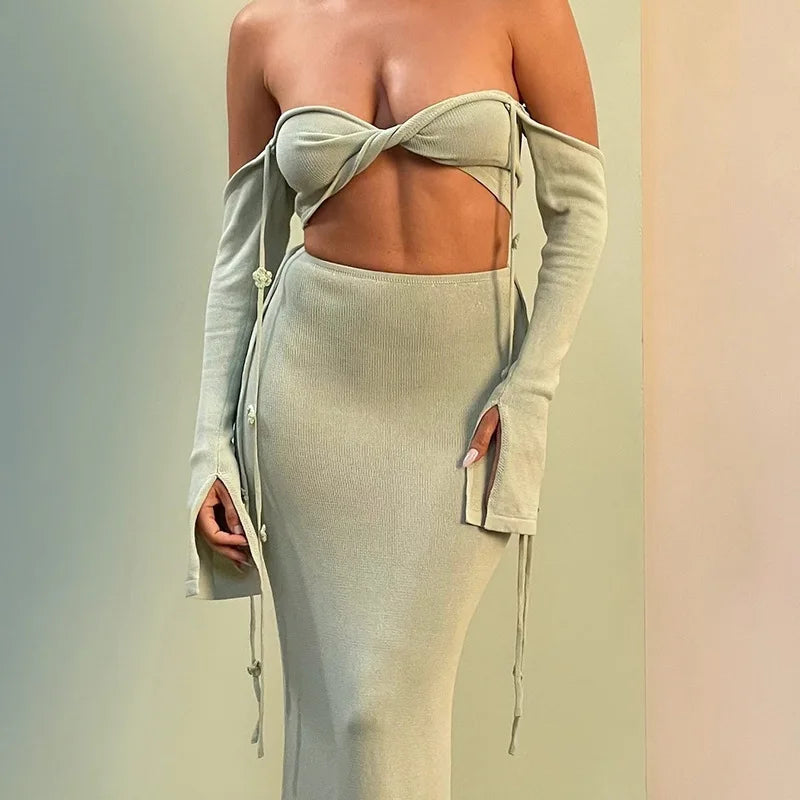Aiertu  -  Pink Knitted Skirts Sets Women Off Shoulder Long Sleeve Crop Tops+Long Skirt Summer Holiday Sexy Bikini Cover-up 2 Piece Set New Aiertu