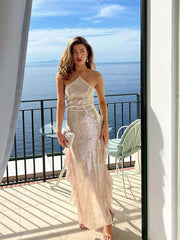 Aiertu  -  Glossy Sequins Halter Evening Halter Dresses Women Fashion High Waist Mesh Tassel Slim Split Long Dress 2026 New Party Club Robe Aiertu