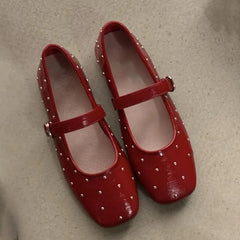Aiertu  -   Square Toe Red Rivet Mary Jane Shoes Women Elegant Spring Autumn Flats Shoes Ladies Shallow Casual Black Loafers Footwear 2025 Aiertu